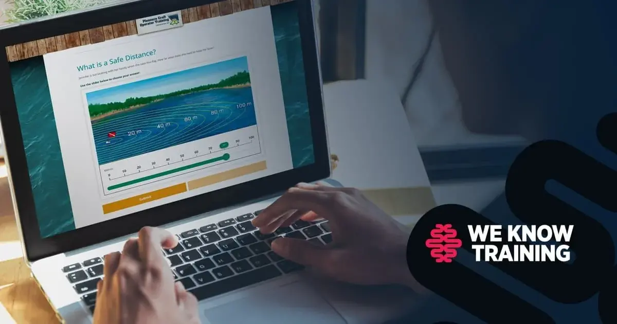 A learner answers a boating-safety course question on a laptop, with the We Know Training logo overlaid.